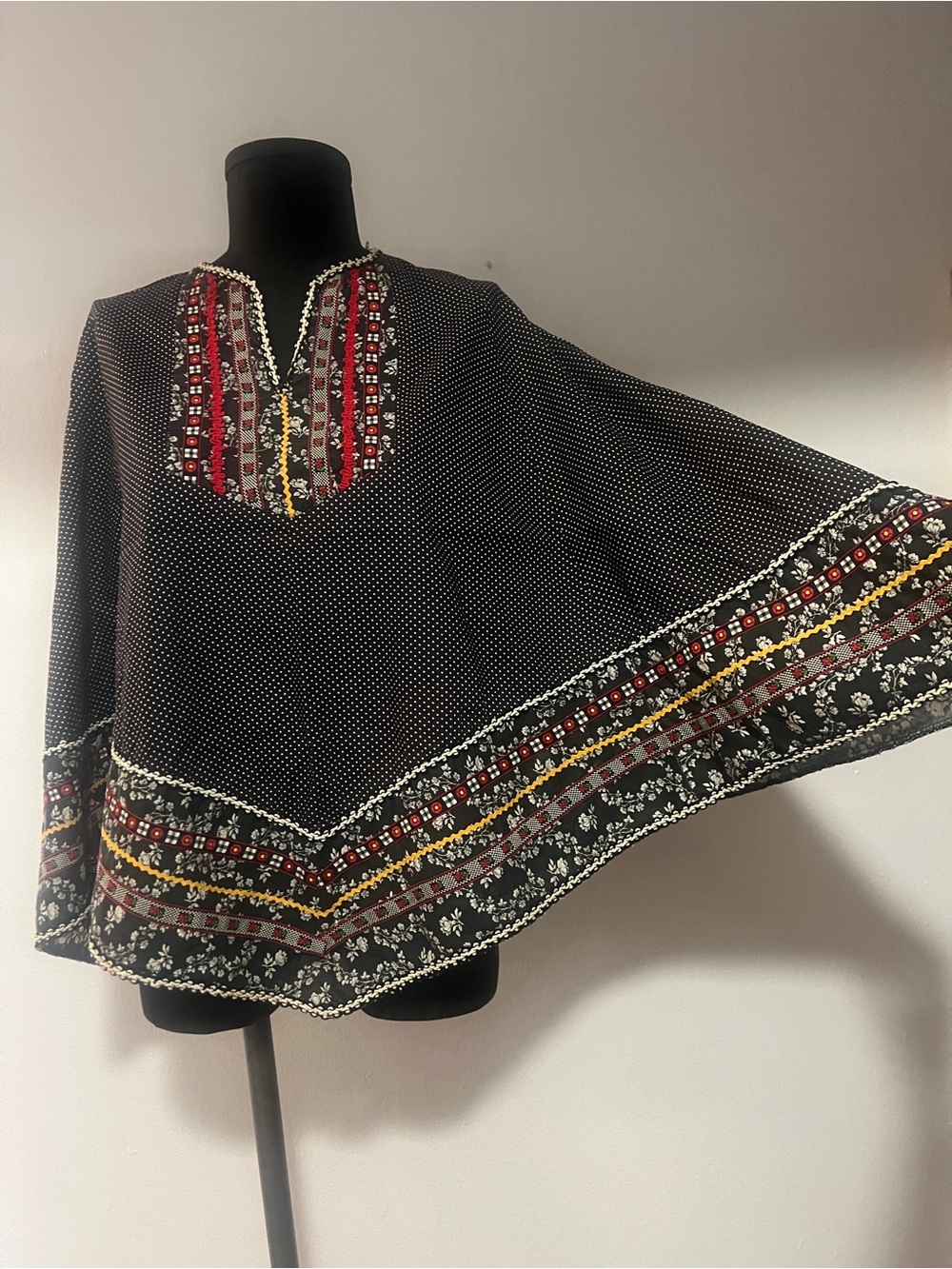 1970s Bohemian Embroidered Black Polka Dot Women’s cape/poncho by Petti